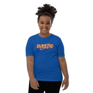 a woman wearing a blue shirt with the word burrito on it