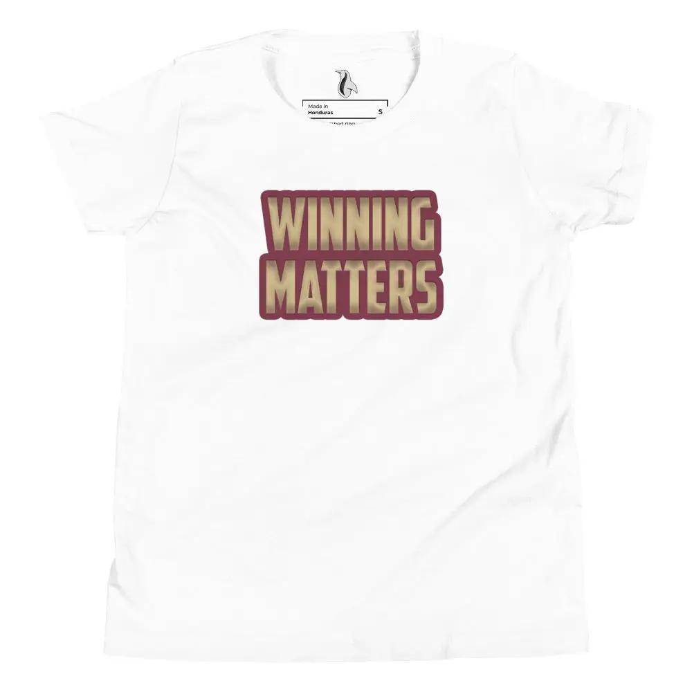 a maroon t - shirt with the words winning matters printed on it